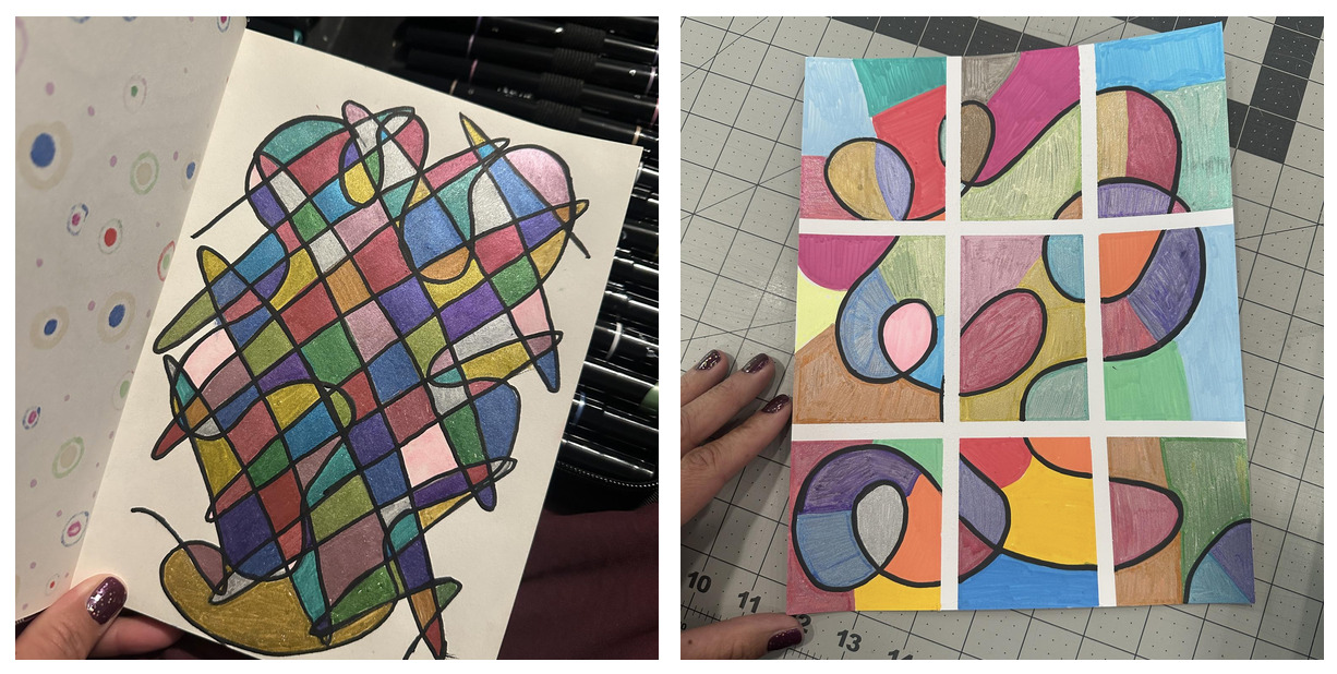 Two side by side colorful abstract color pencil drawings