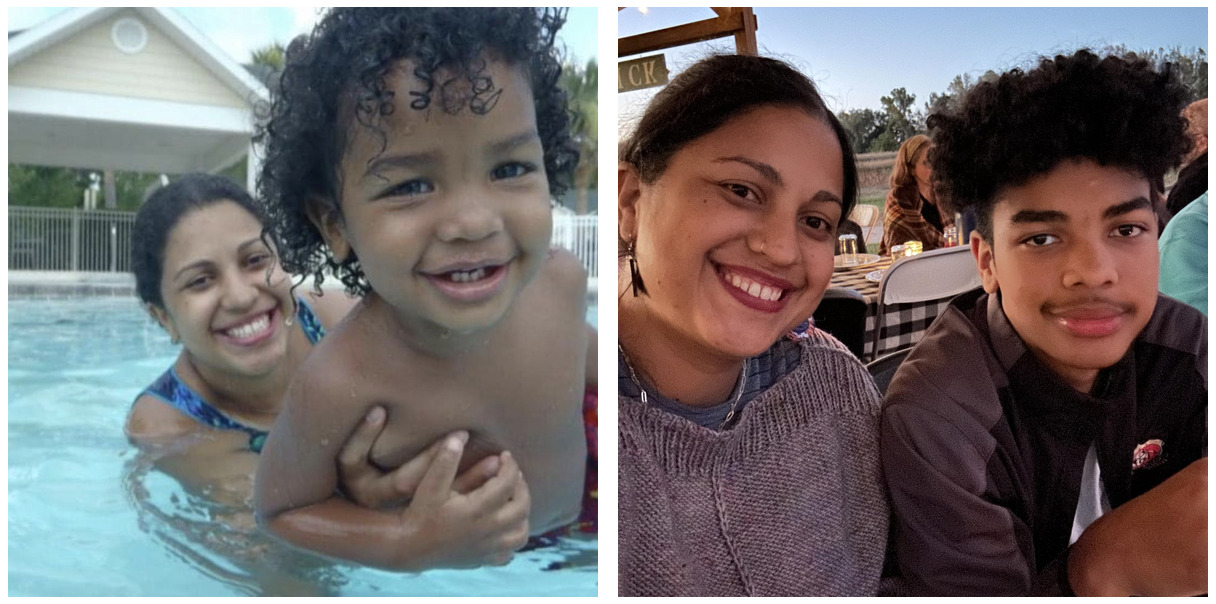 Side by side photos of Vanessa with her son as a kid and as a teen