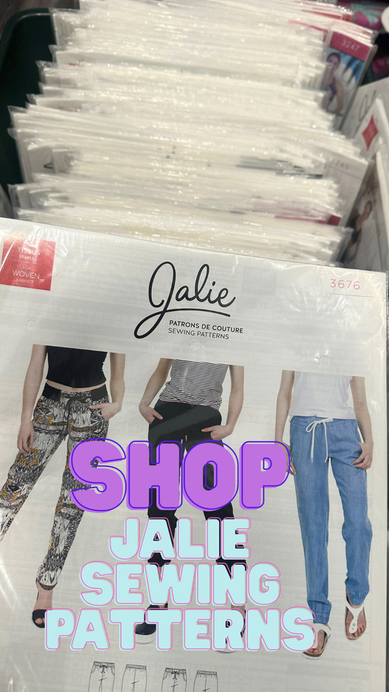 Basket of Jalie Hardcopy Sewing Patterns with "Shop Jalie Sewing Patterns" text