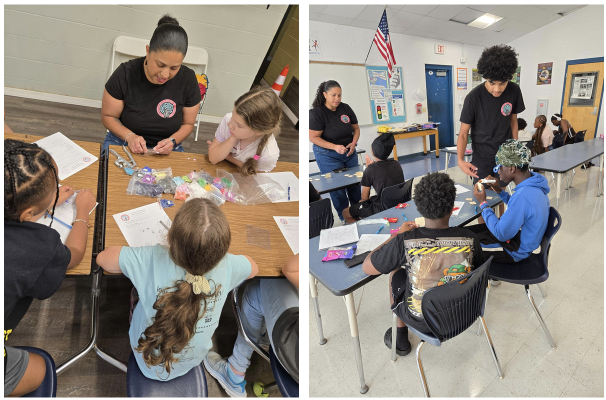 Two side by side photos of Crafty Gemini Youth Development teaching a workshop