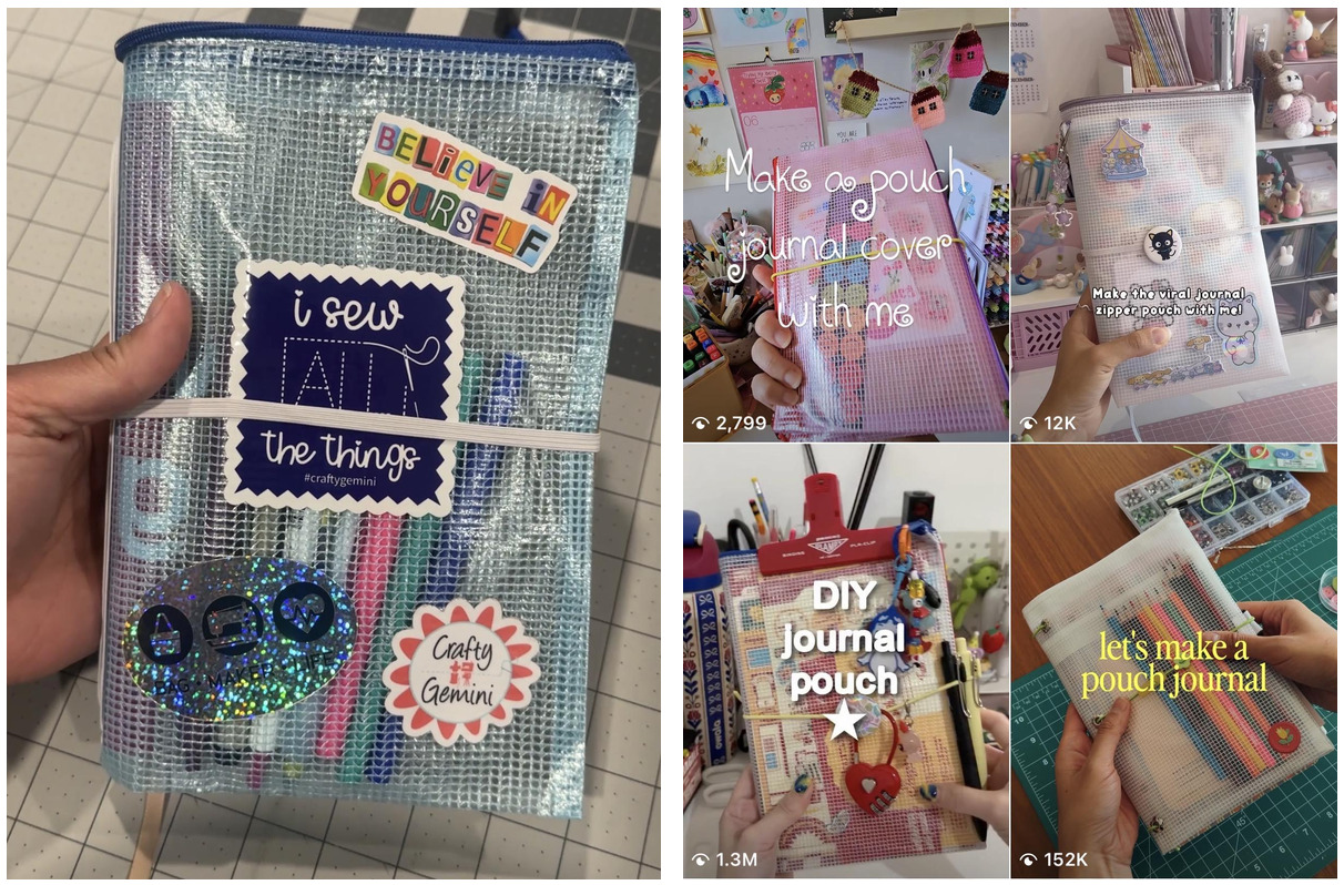Collage of cute journal covers made out of plastic mesh zipper pouches