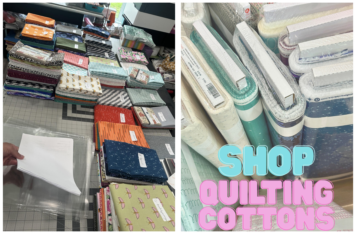Two side by side photos one showing dozens of cuts of fabric on a table ready for live selling and one with bolts of fabric with "shop quilting cottons"