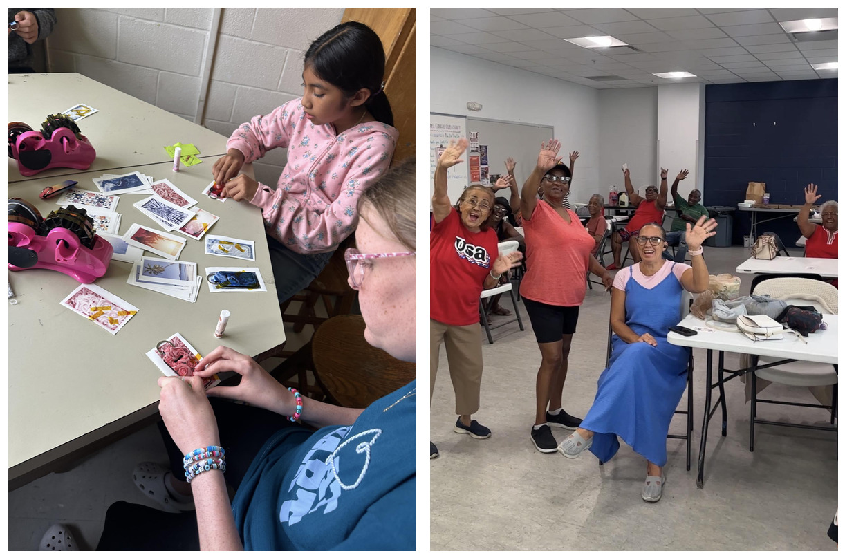 Two photos side by side showing crafty afterschool class and a room of senior citizens waving after a craft class