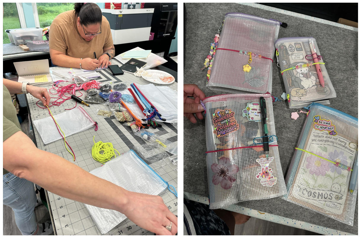 Two photos one of cute DIY notebook covers and one of women crafting around a table