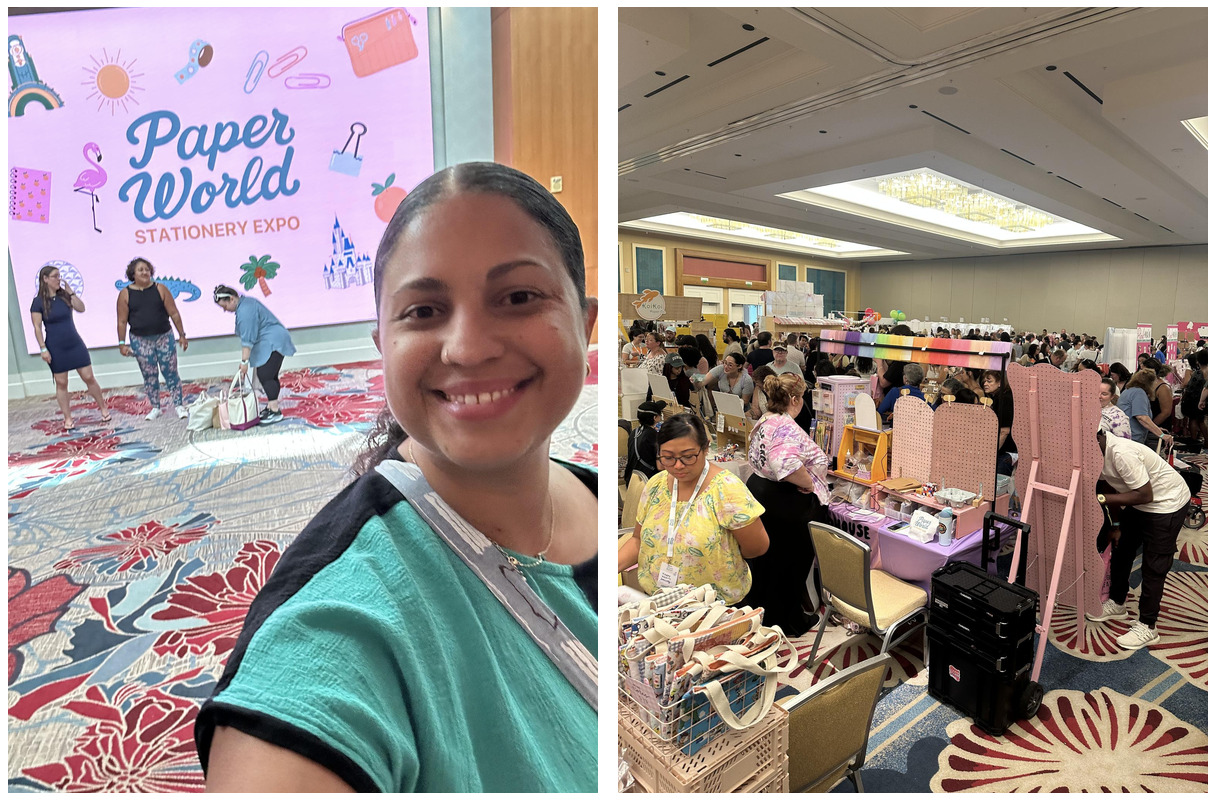 Two photos of from Paper World Stationary Expo. One of Vanessa taking a selfie in front of the expo sign. One of a full conference market