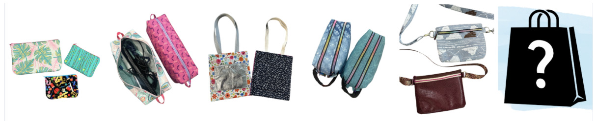 Mystery Mini Bag Club graphic with 5 of 6 bag projects revealed