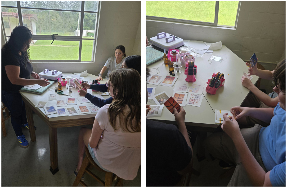 Two side by side images of Vanessa teaching crafts to kids