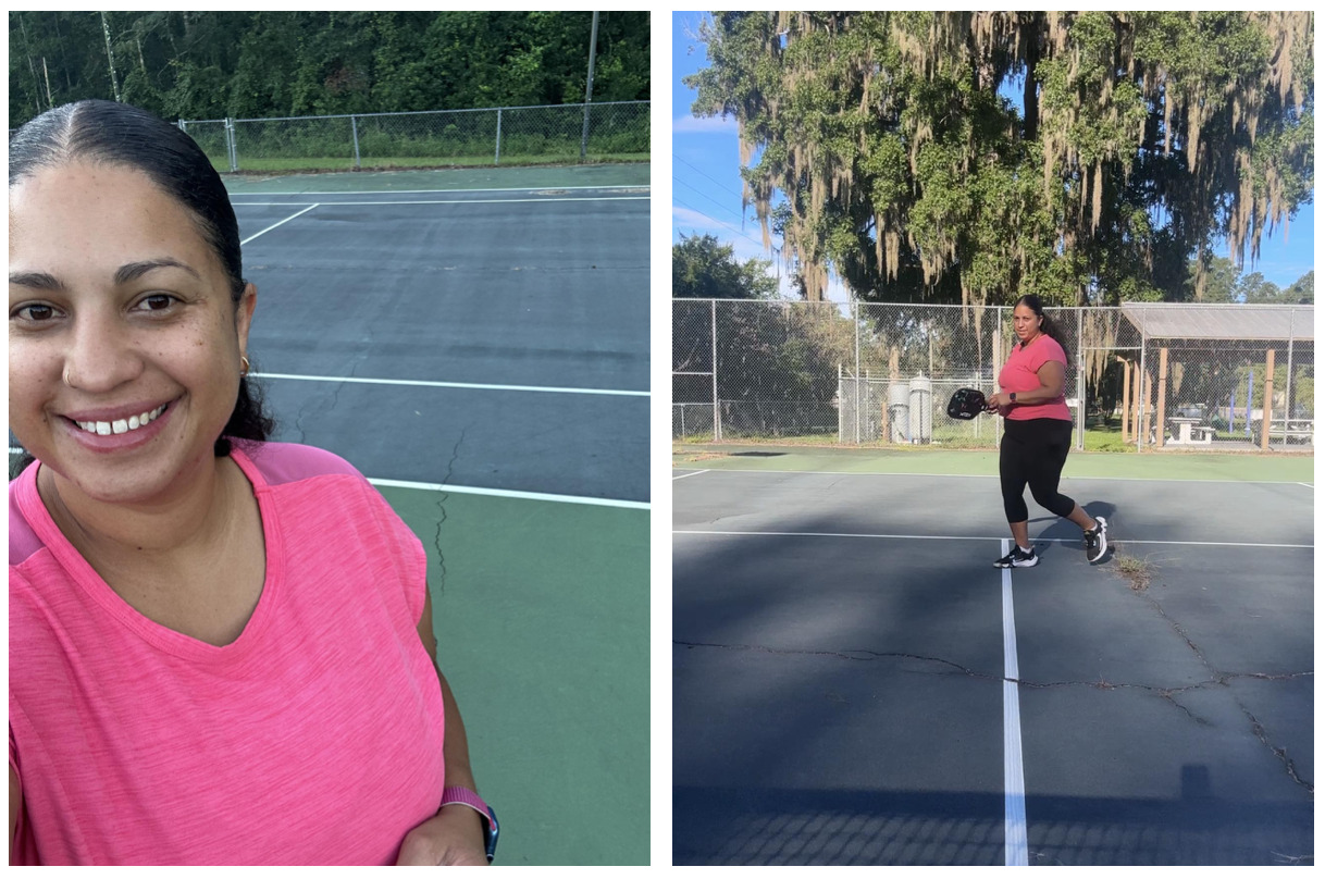 Two side by side photos of Vanessa playing pickleball 