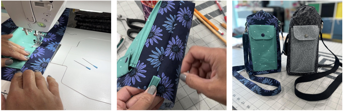 Three photos of Onyx Water Bottle Pouch, two progress shots, one finished photo