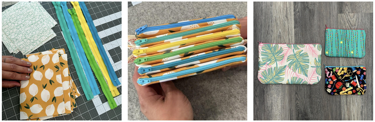 Three photos of Vanessa's No-Fail Zipper Pouch. One with fabric and zippers on a table. One of Vanessa holding six pouches in her hands. One of three pouches flat on the table.