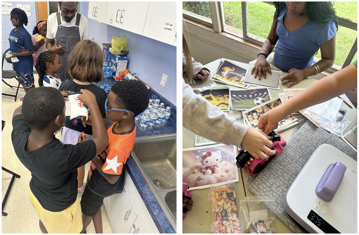 Two side by side images of Crafty Gemini Youth Development teaching crafts to kids