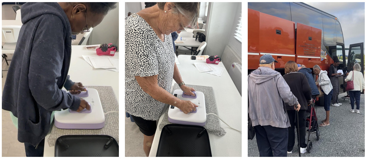 Three community service photos. Two photos of seniors making sublimation puzzles. One photo of seniors boarding the bus for a field trip.