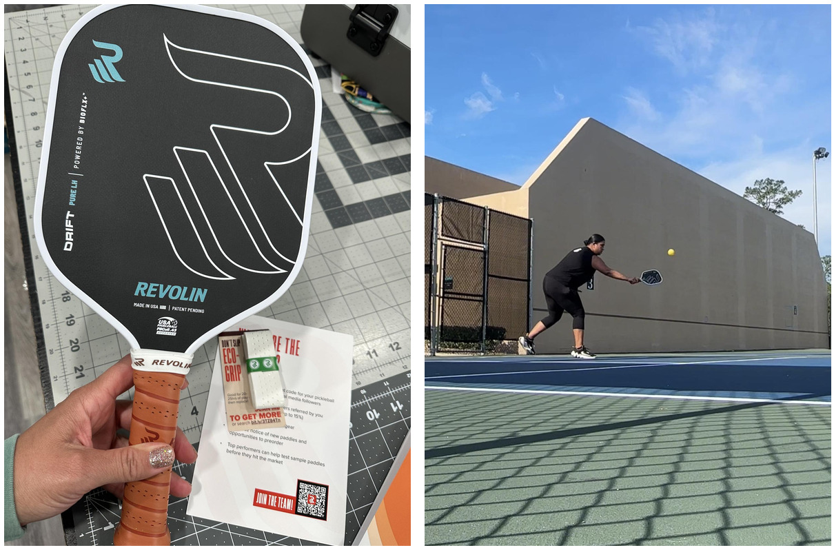 Two pickleball photos. One photo of a Revolin Drift PURE LH paddle. One of Vanessa playing pickleball.