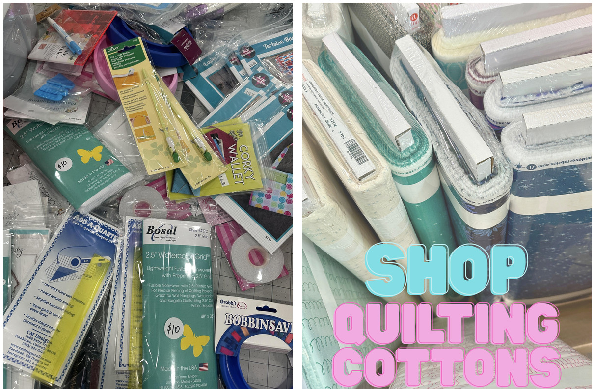 Two photos. One of a pile of sewing tools and notions. One of bolts of fabric with the words "Shop Quilting Cottons"