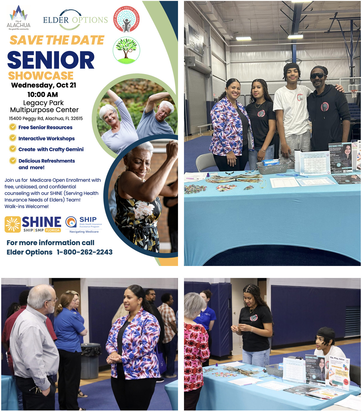 Graphic promoting the Senior Showcase and a series of photos showing the whole family volunteering and tabling 