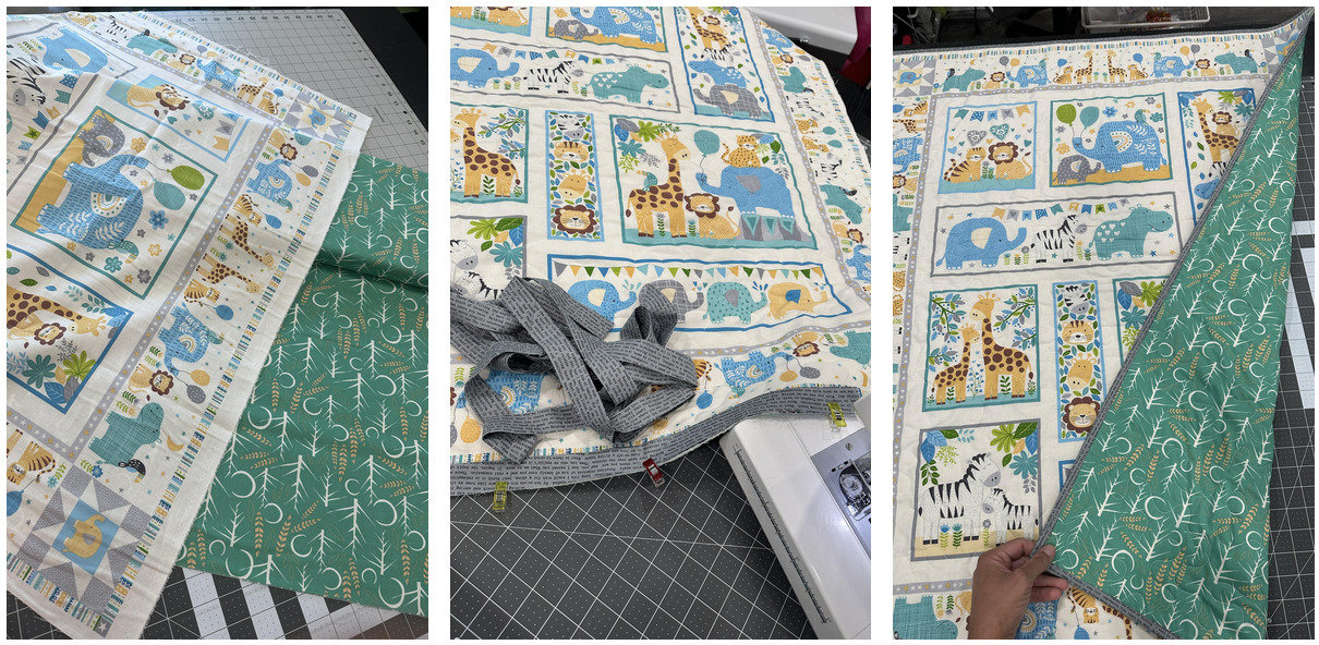Three photos of a baby quilt in progress 