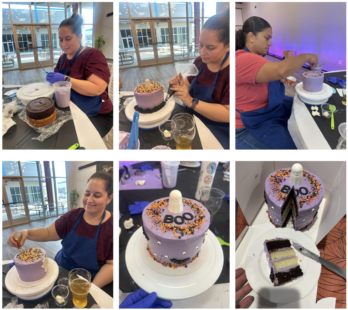 Series of photos showing Vanessa and Laura taking a Halloween themed cake decorating class