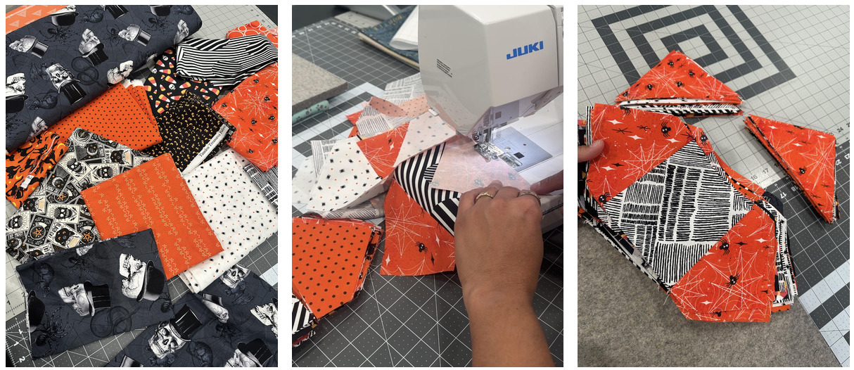 Black, white, and orange Halloween quilt in progress