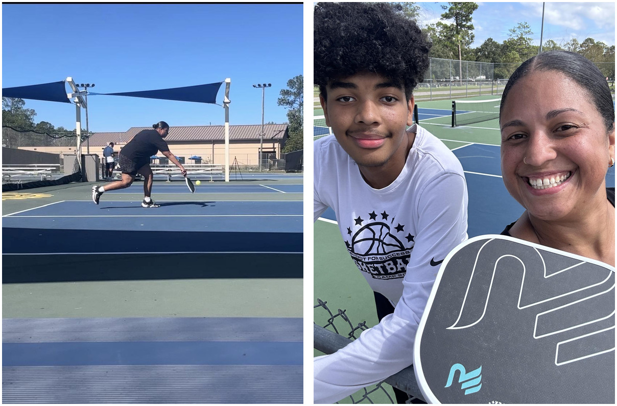 Vanessa playing pickleball and taking a selfie with her son
