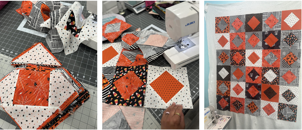 Black, white, and orange Halloween quilt in progress