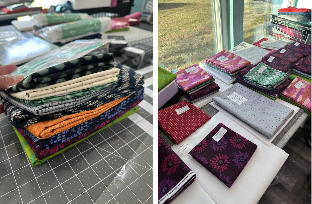 Two side by side photos showing dozens of cuts of fabric on a table ready for live selling