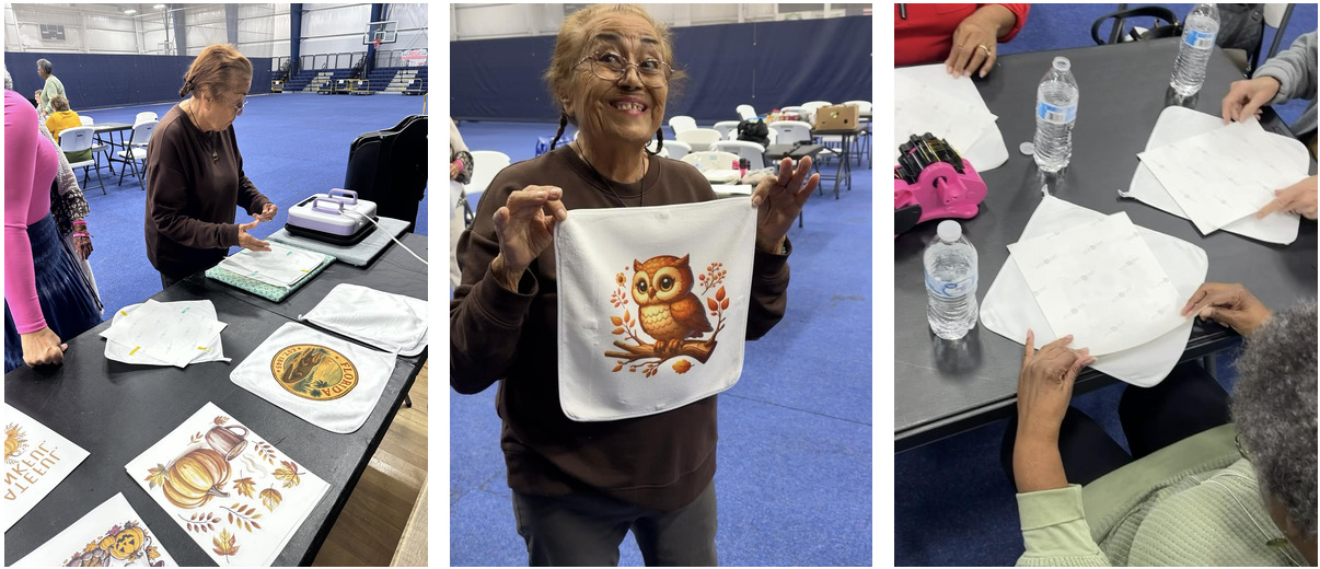 Three photos from senior citizens craft class on how to sublimate little kitchen towels
