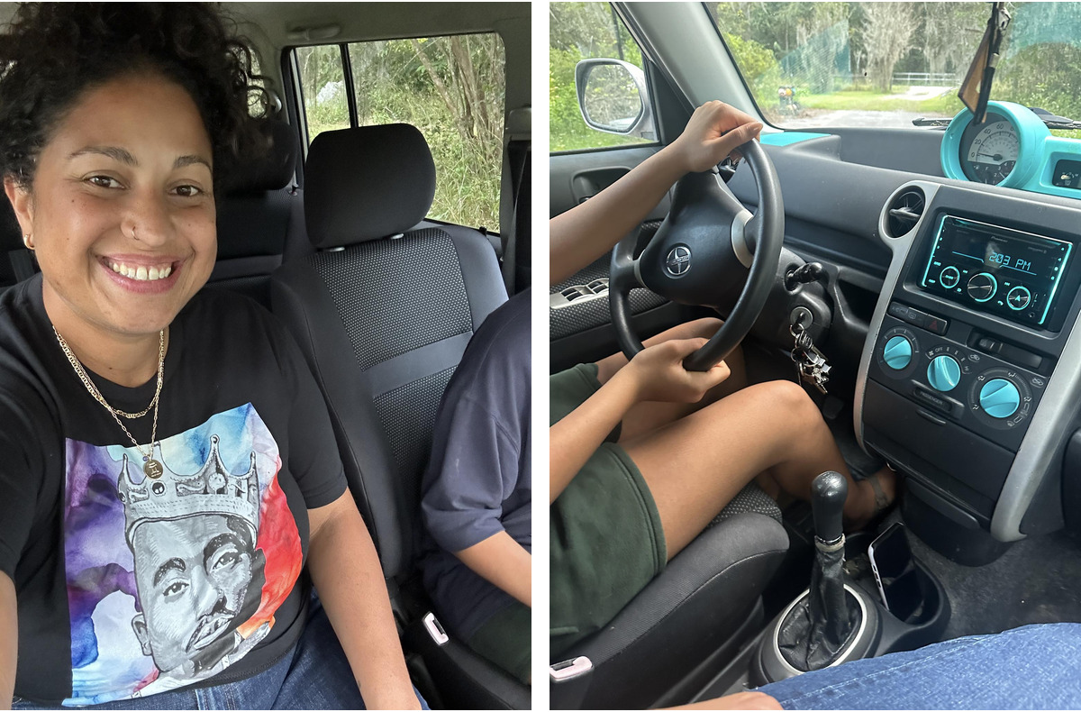 Two photos of Vanessa showing her daughter how to drive